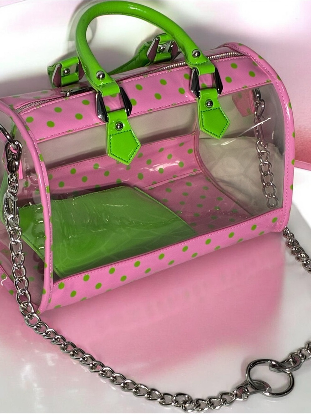 Stadium approved Clear bag NWT Dustbag bagcharm incl. pink lime green polkadot - Picture 15 of 17